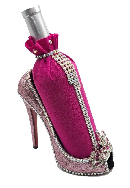 Pink decorative wine bottle in a high heel